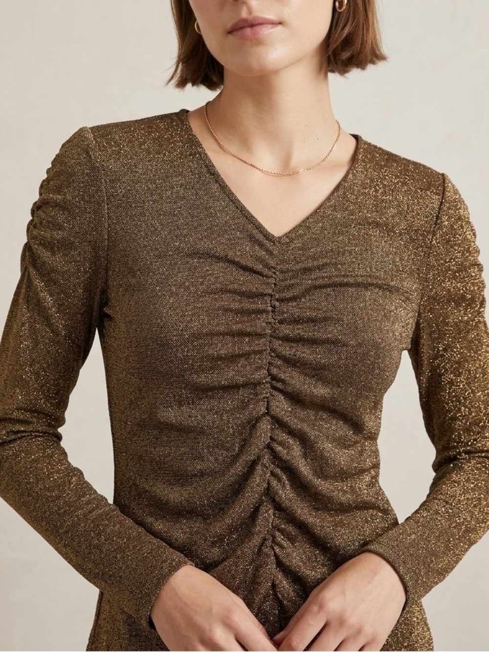 VERONICA BEARD Neeta Ruched V-Neck Top Antique Gold Lurex Long Sleeve S